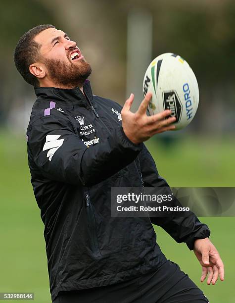 Kenneath Bromwich prepares for a Melbourne Storm NRL training session at Gosch's Paddock on May 20, 2016 in Melbourne, Australia.