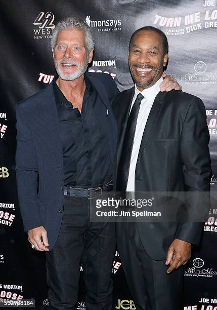 Actors Stephen Lang and Joe Morton attends "Turn Me Loose" opening night at The Westside Theatre on May 19, 2016 in New York City.
