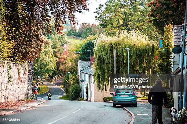 dog walker and village street, montgomery, wales - powys stock pictures, royalty-free photos & images