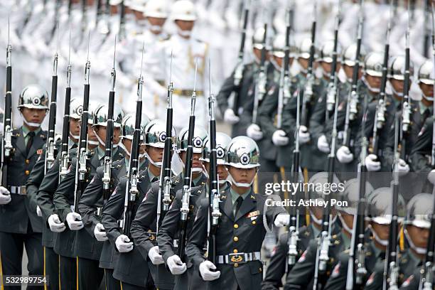 Honors guards performing at the 14th presidential inaugural celebration on May 20, 2016 in Taipei, Taiwan. Taiwan's new president Tsai Ing-wen took...