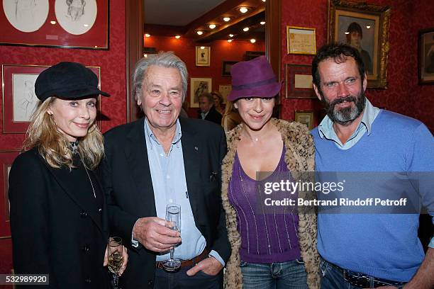 Valerie Stefen, Alain Delon, Jovanka Sopalovic and actor of the piece hristian Vadim attend the 100th representation of the Theater piece "Un nouveau...