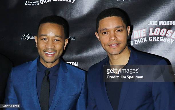 Singer/songwriter John Legend and TV personality Trevor Noah attend "Turn Me Loose" opening night at The Westside Theatre on May 19, 2016 in New York...