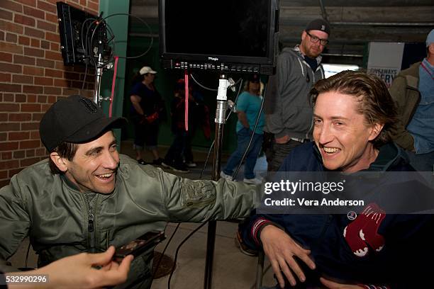 Jake Gyllenhaal and director David Gordon Green at the "Stronger" Press Conference at Fenway Park on May 11, 2016 in Boston, MA.