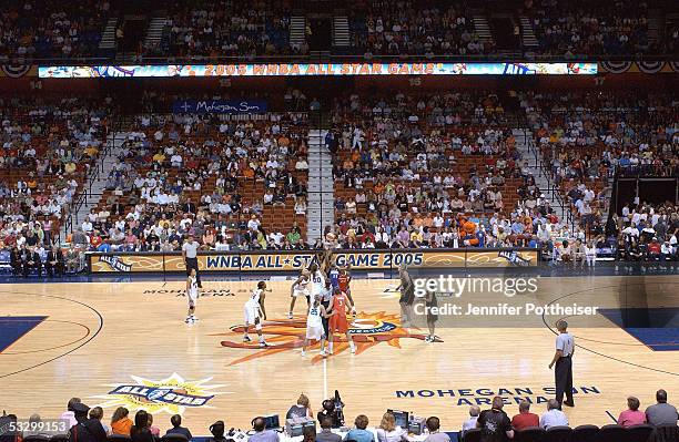 Ruth Riley of the Eastern Conference All-Stars jumps ball against Yolanda Griffith of the Western Conference All-Stars during the 2005 WNBA All-Star...