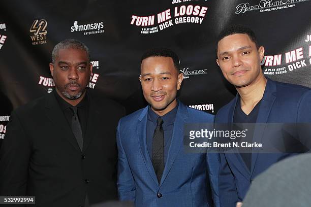 Producer Mike Jackson, producer/musician John Legend and comedian/television host Trevor Noah attend the opening night performance of "Turn Me Loose"...