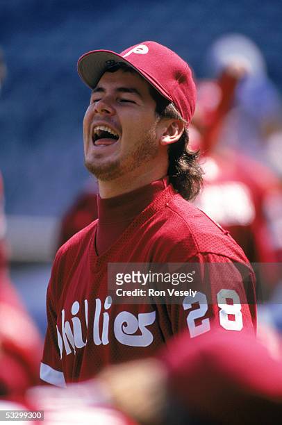 Mitch Williams of the Philadelphia Phillies laughs out loud during practice prior to a 1991 MLB season game. Mitch Williams played for the Philllies...