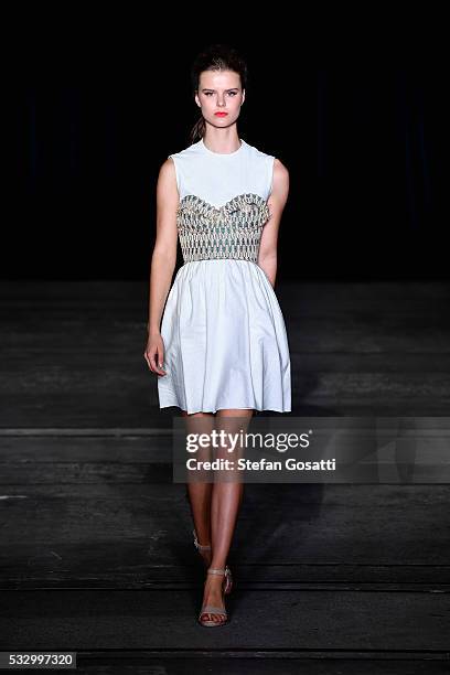 Model walks the runway in a design by Marika Deku at the Pacific Resort show at Mercedes-Benz Fashion Week Resort 17 Collections at Carriageworks on...