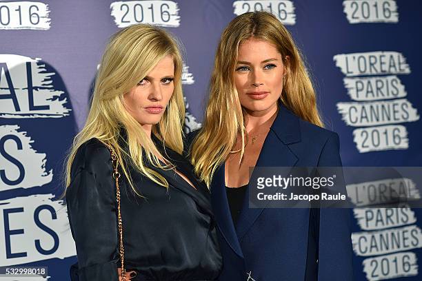 Lara Stone and Doutzen Kroes attends the L'Oreal Paris Blue Obsession Party during the 69th annual Cannes Film Festival on May 18, 2016 in Cannes,...