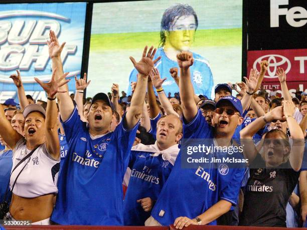 Fans of Chelsea FC celebrate their team's second goal against DC United during their World Series of Football match on July 28, 2005 at FedEx Field...