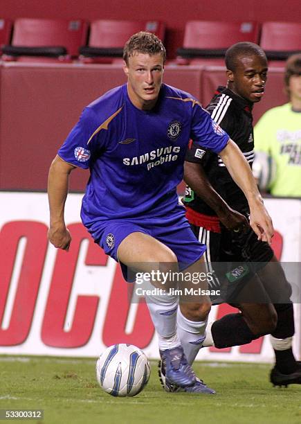 Robert Huth of Chelsea FC controls the ball against DC United during their World Series of Football match on July 28, 2005 at FedEx Field in...