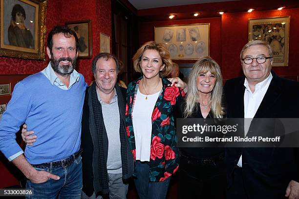 Christian Vadim, Daniel Russo, Corinne Touzet, Lucie Russo and Director of Theatre Des Varietes, Jean-Manuel Bajen attend the 100th representation of...