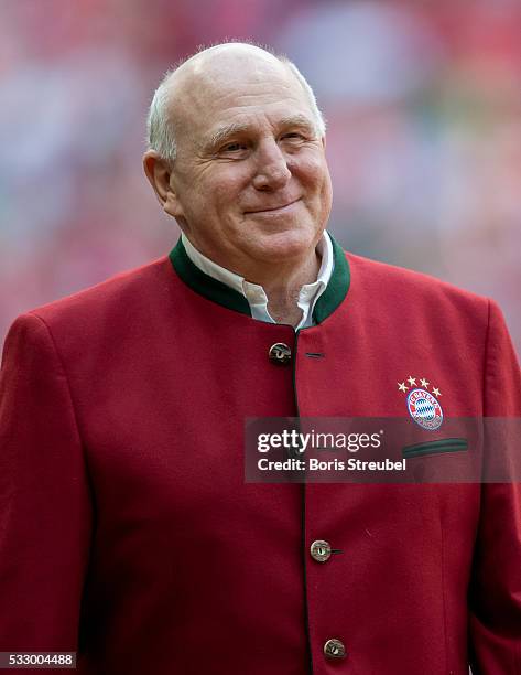 Dieter Hoeness, former player of Bayern Muenchen is introduced to the public prior to the Bundesliga match between FC Bayern Muenchen and Hannover 96...