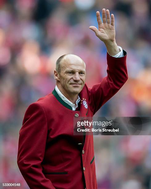 Hansi Pfluegler, former player of Bayern Muenchen is introduced to the public prior to the Bundesliga match between FC Bayern Muenchen and Hannover...
