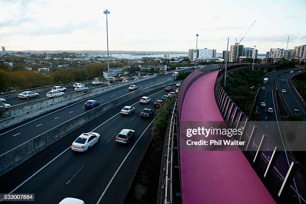 Cycleway is pictued above congested traffic on May 20, 2016 in Auckland, New Zealand. The budget due to be announced by Bill English on May 26 is...