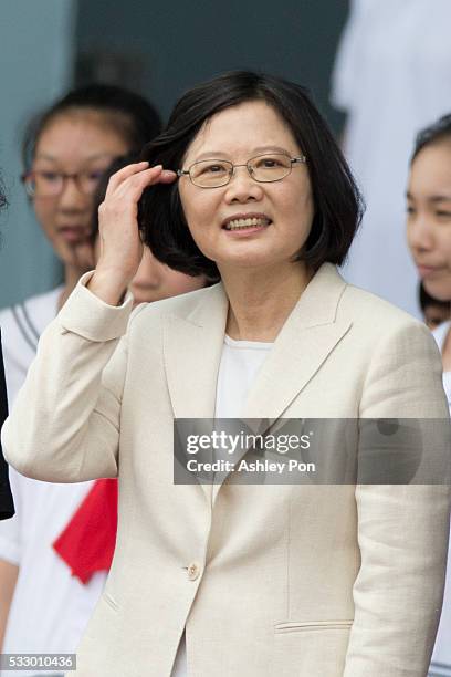 Taiwan President Tsai Ing-wen pulls her hair at the celebration of the 14th presidential inauguration on May 20, 2016 in Taipei, Taiwan. Taiwan's new...