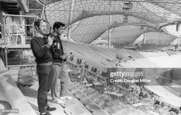 Bob Churchill and John Palin, two members of the British Olympic small bore rifle team, visit the Olympic Stadium in Munich, 24th August 1972.
