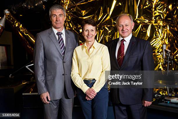 British astronaut Helen Sharman poses with her crew from the Soyuz TM-11 mission Sergei Krikalev and Anatoli Artsebarski at an event to mark 25 years...