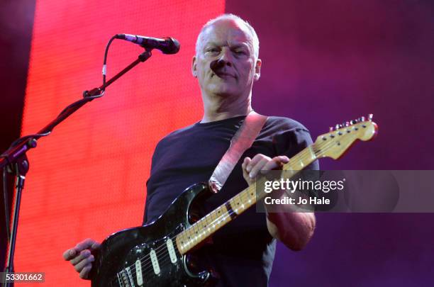 Dave Gilmour of Pink Floyd performs on stage at "Live 8 London" in Hyde Park on July 2, 2005 in London, England. The free concert is one of ten...