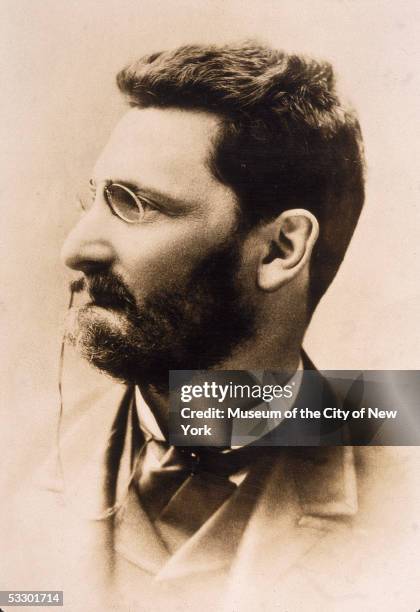 Profile portrait of Hungarian-born journalist Joseph Pulitzer , publisher of the St. Louis Post-Dispatch and the New York World newspapers, 1880s. In...