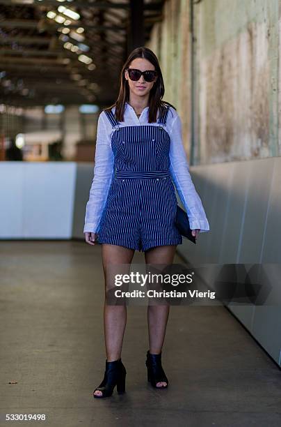 Portia Austin wearing navy white striped dungarees and white button shirt at Mercedes-Benz Fashion Week Resort 17 Collections at Carriageworks on May...