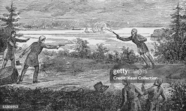 American politician Aaron Burr fatally wounds Alexander Hamilton with a shot from his pistol during a duel in Weehawken, New Jersey, July 11, 1804....