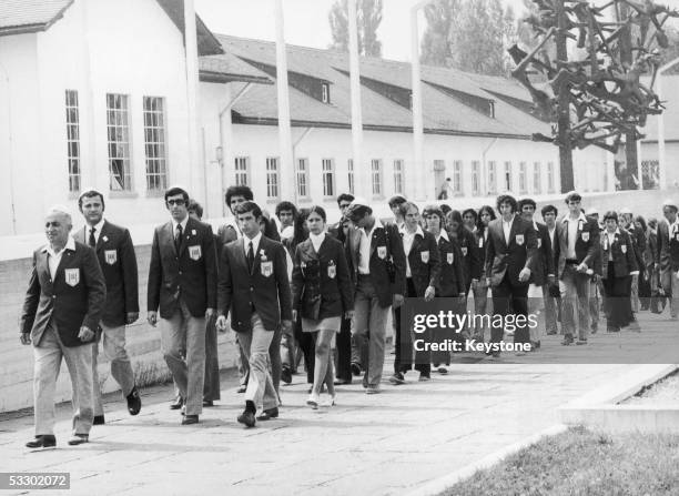 On the eve of the start of the Munich Olympics, the Israeli team visits the site of the concentration camp at Dachau in southern Germany, 25th August...