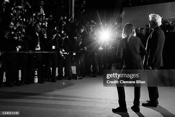 Iggy Pop and Jim Jarmusch attend the screening of "Gimme Danger" at the annual 69th Cannes Film Festival at Palais des Festivals on May 19, 2016 in...