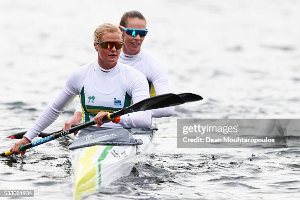 Alyssa Bull and Alyce Burnett of Australia look on after they compete in the K2 W 500 during Day 1 of the ICF Canoe Sprint World Cup 1 held at...