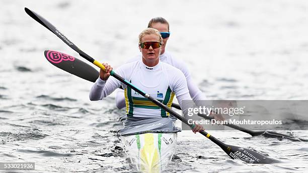Alyssa Bull and Alyce Burnett of Australia look on after they compete in the K2 W 500 during Day 1 of the ICF Canoe Sprint World Cup 1 held at...