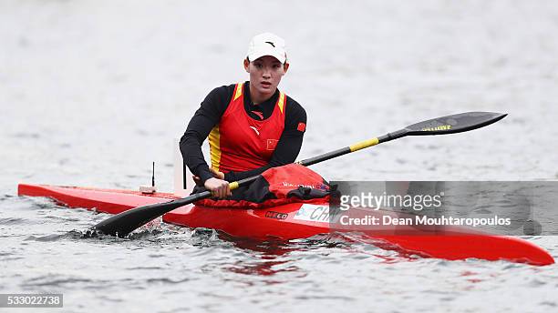 Yue Li of China looks on after competing in the K1 W 200 during Day 1 of the ICF Canoe Sprint World Cup 1 held at Sportpark Regattabahn on May 20,...