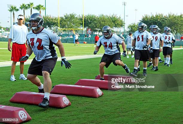 Dan Buenning of the Tampa Bay Buccaneers works out during training camp at Disney's Wide World of Sports Complex July 29 in Lake Buena Vista,...