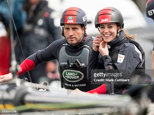 Catherine, Duchess of Cambridge and Ben Ainslie join the Land Rover BAR team on board their training boat, as they run a training circuit on the...