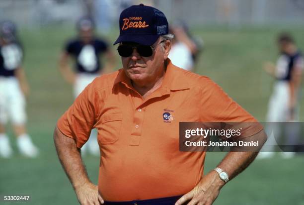 Defensive coordinator Buddy Ryan of the Chicago Bears looks on during Training Camp in July 1985 at the University of Wisconsin-Platteville in...