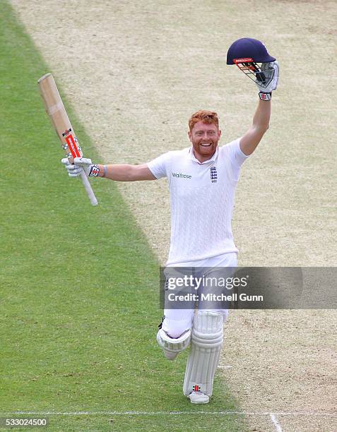 Jonny Bairstow of England raises his bat and celebrates scoring a century during day two of the Investec Test match England v Sri Lanka at Headingley...