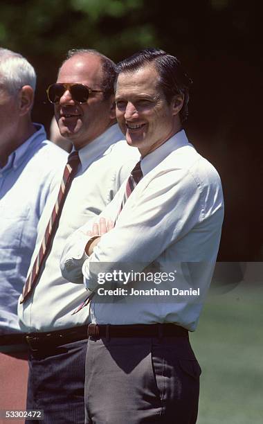 Chicago Bears General Manager Jerry Vanisi and Team President Michael McCaskey look on during Training Camp in May 1985 at the University of...