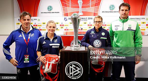 Head coach Alexander Fischinger of SC Sand, Christine Veth of SC Sand, Babett Peter of Wolfsburg and head coach Ralf Kellermann of Wolfsburg at the...