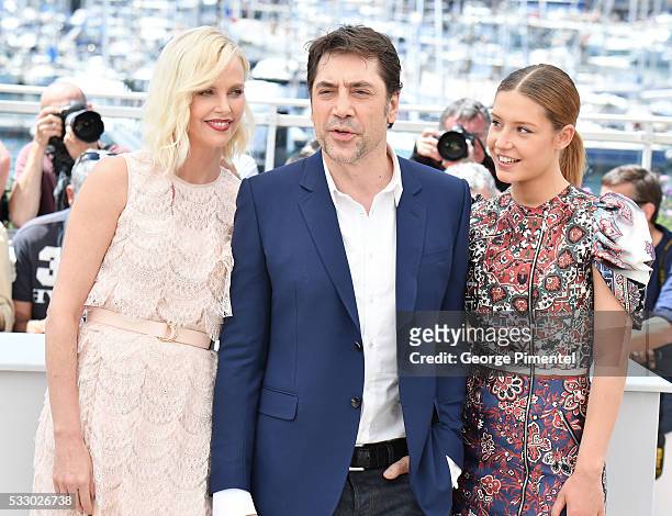 Charlize Theron, Javier Bardem and Adele Exarchopoulos attend 'The Last Face' Photocall during the 69th annual Cannes Film Festival at the Palais des...