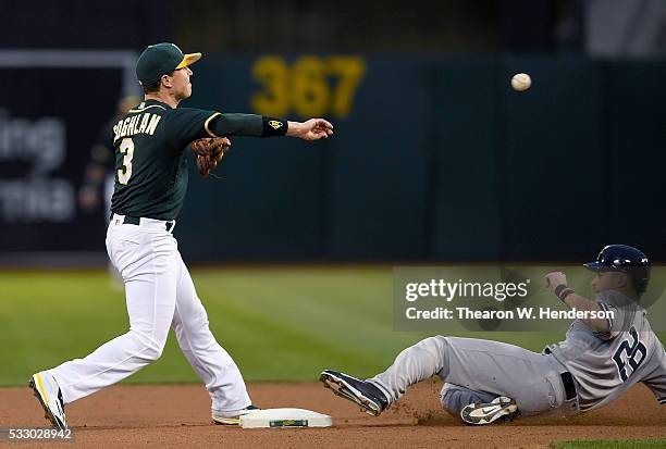 Chris Coghlan of the Oakland Athletics gets his throw off to complete the double-play over the top of Dustin Ackley of the New York Yankees in the...