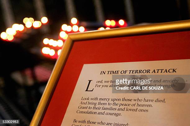 London, UNITED KINGDOM: A prayer about the London terror attacks on the 7th and 21st of July 2005 is seen on display at Westminster Cathedral, 29...
