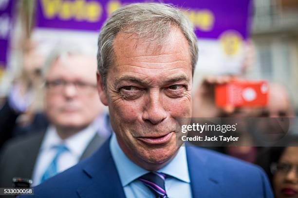 Leader of the United Kingdom Independence Party Nigel Farage speaks to media outside Europe House in Westminster on May 20, 2016 in London, England....