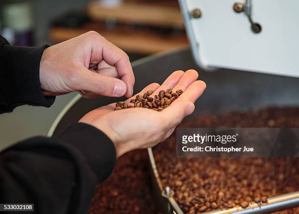 Roasted coffee beans is seen being inspected at specialty coffee shop Onibus Coffee on May 20, 2016 in Tokyo, Japan. The Onibus Coffee building was...