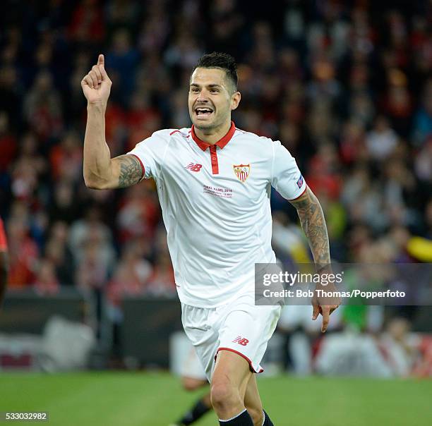 Vitolo celebrates Sevilla's second goal during the UEFA Europa League Final match between Liverpool and Sevilla at St. Jakob-Park on May 18, 2016 in...