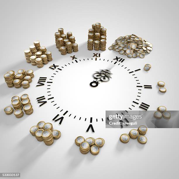 clock with stacks of coins,time is money concept. - moment collection stockfoto's en -beelden