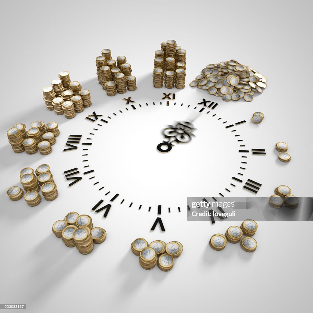 Clock with stacks of coins,time is money concept.