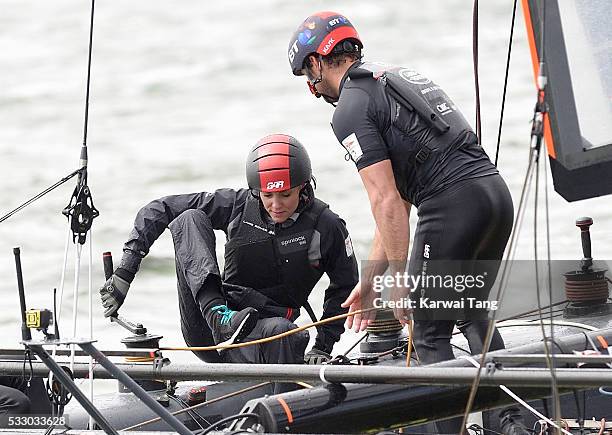 Catherine, Duchess of Cambridge onboard the Land Rover BAR training boat on May 20, 2016 in Portsmouth, England.