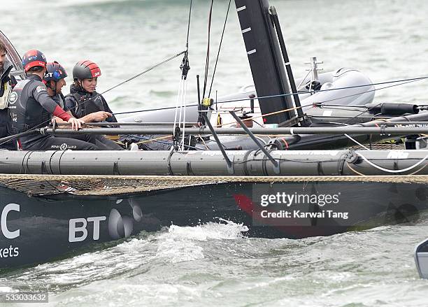 Catherine, Duchess of Cambridge onboard the Land Rover BAR training boat on May 20, 2016 in Portsmouth, England.