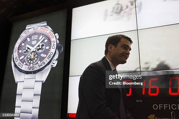Kilian Muller, chief executive officer of TAG Heuer North America, listens during an interview at the 2016 TimeCrafters luxury watch show in New...
