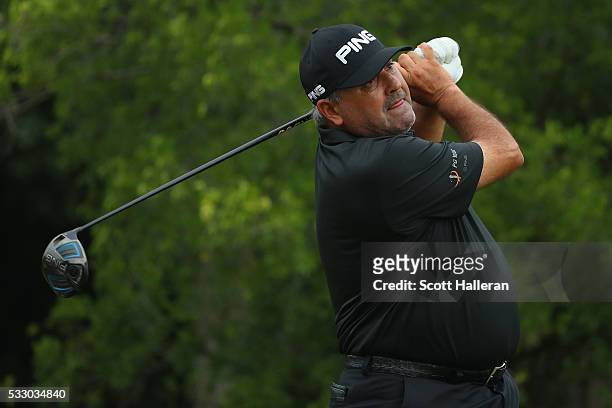 Angel Cabrera of Argentina plays his shot from the 12th tee during Round Two at the AT&T Byron Nelson on May 20, 2016 in Irving, Texas.