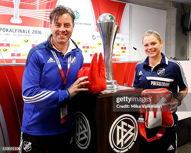 Head coach Alexander Fischinger of SC Sand with Christine Veth of SC Sand during the press conference at RheinEnergieStadion on May 20, 2016 in...