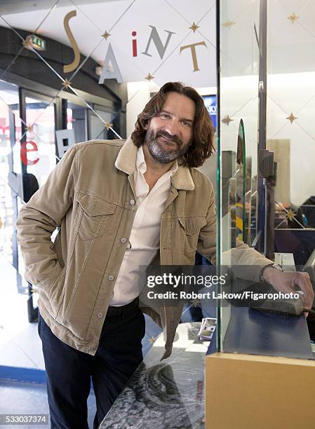 Writer and TV presenter Frederic Beigbeder is photographed for Madame Figaro on April 29, 2016 at Etoile Saint-Germain cinema in Paris, France....